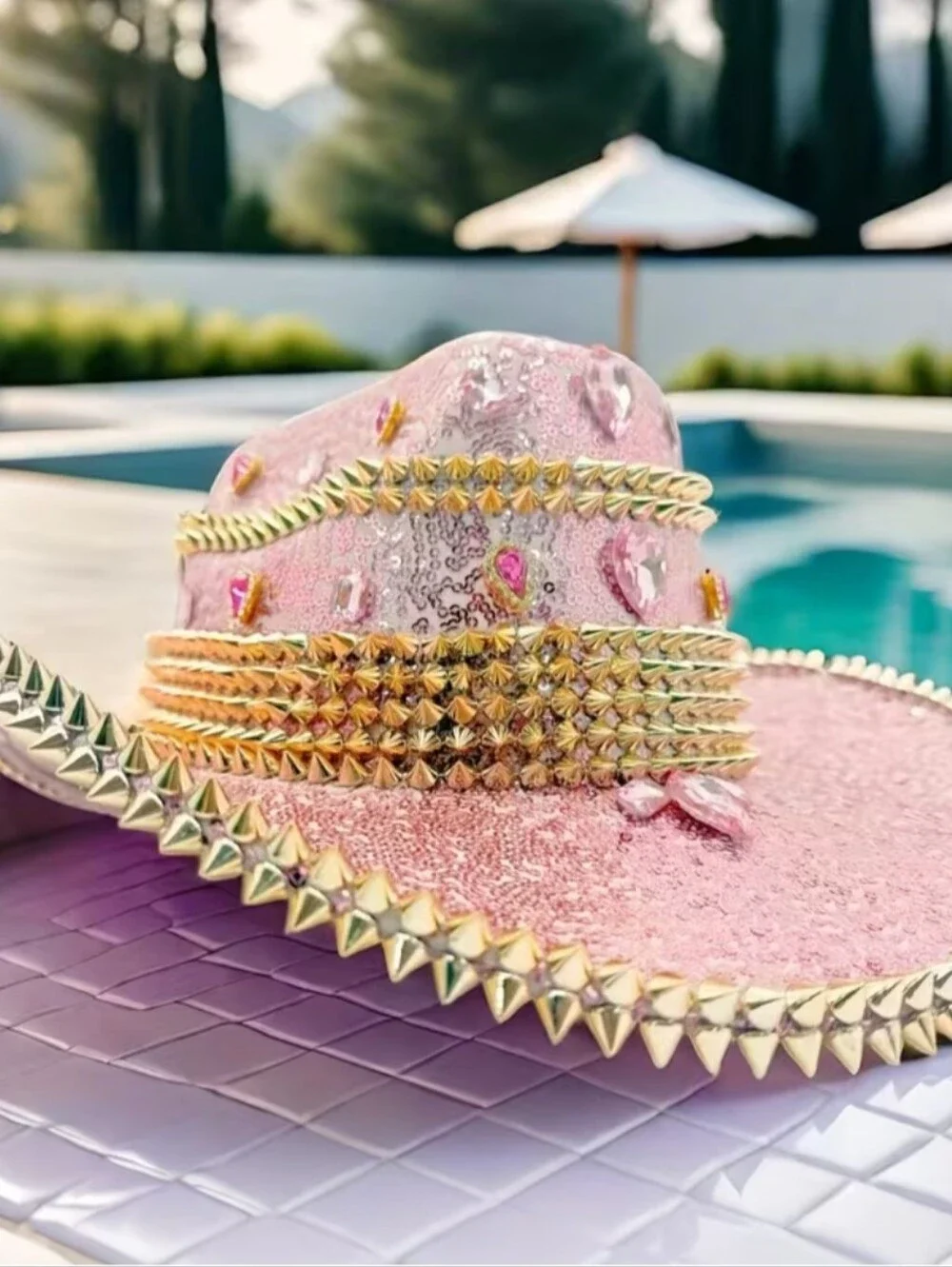 Sequined Pink Cowboy Hat with Gold Stud Accents - Women Accessories